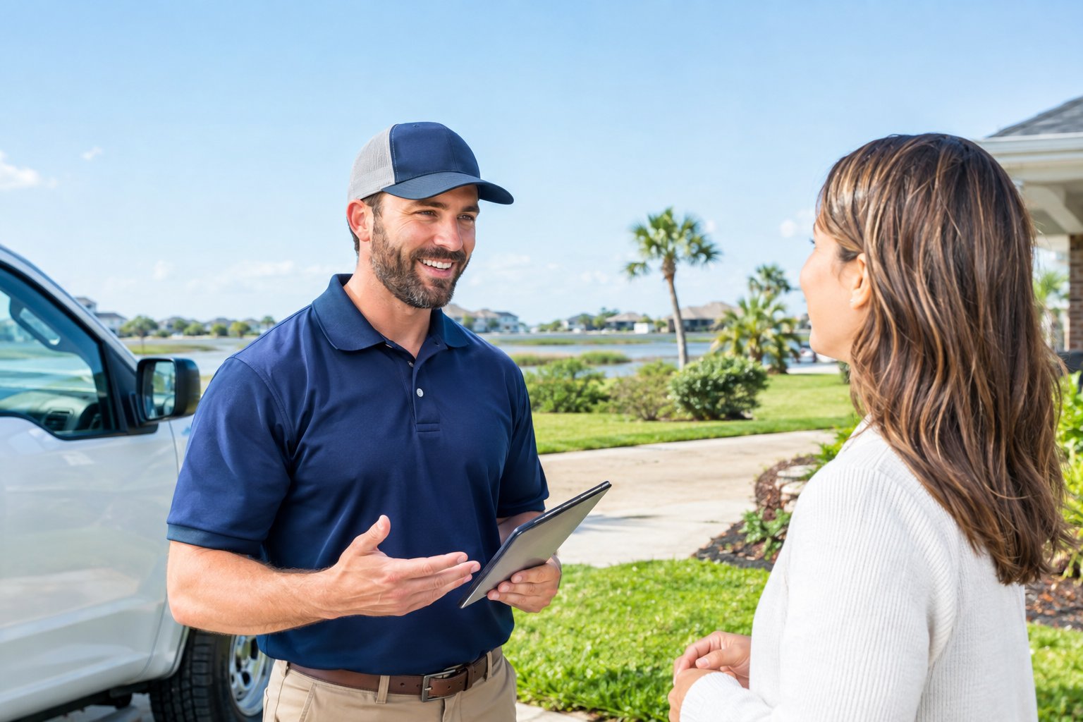 A local service professional speaking with a customer outside a neighborhood business.